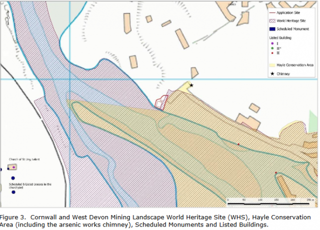 Figure 3.  Cornwall and West Devon Mining Landscape World Heritage Site (WHS), Hayle ConservationArea (including the arsenic works chimney), Scheduled Monuments and Listed Buildings.